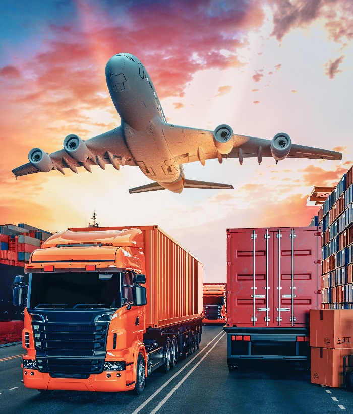 Transportation and logistics of Container Cargo ship and Cargo plane. 3d rendering and illustration.